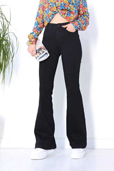 kleshus LaraJean Siyah Süper Yüksek Bel Likralı Flare Ispanyol Kot Pantalon