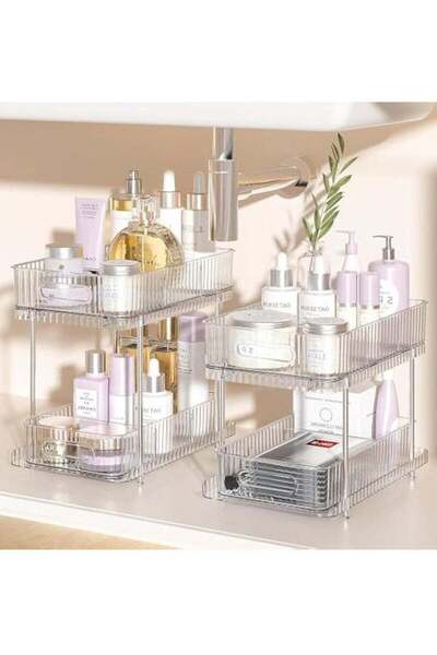 Generic 2Pcs 2-Tier Clear Bathroom Under Sink Organizers and Storage,Snap-Loc...