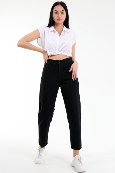 kleshus بنطلون جينز أمي أسود من الليكرا أسود مريح للغاية بخصر عالٍ