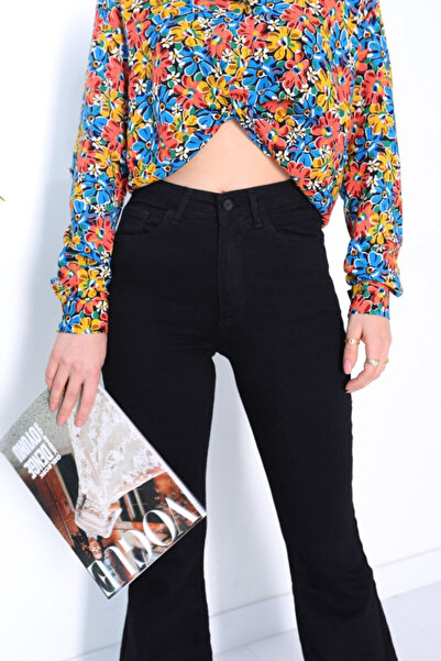 kleshus LaraJean Siyah Süper Yüksek Bel Likralı Flare Ispanyol Kot Pantalon