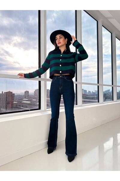 kleshus Women's Navy Blue Super High Waist Lycra Flare Spanish Denim Trousers Jeans