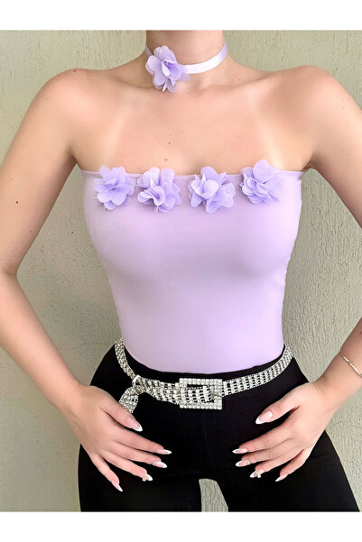 Doll Wear Butik Lila Straplez Çiçek Detaylı Crop Top Bluz