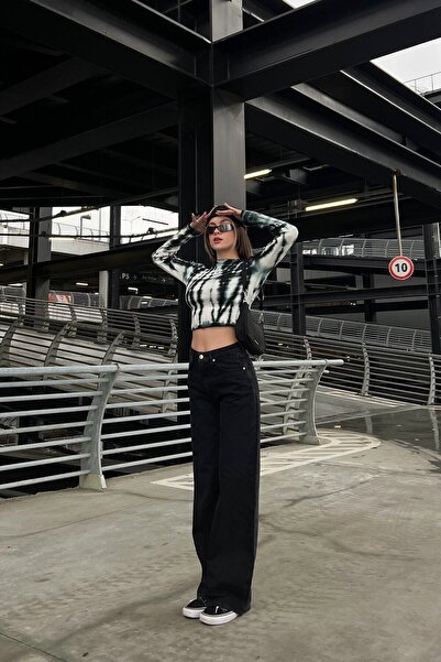 kleshus Ikon Μαύρο Λάκρυ Super Extra Υψηλή Μέση Palazzo Χαλαρή Τζιν Παντελόνι