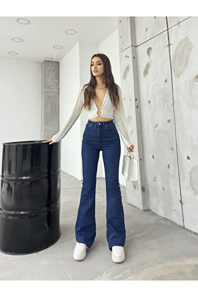 kleshus Blugi spanioli bleumarin cu talie înaltă din lycra, extra elastici, c...