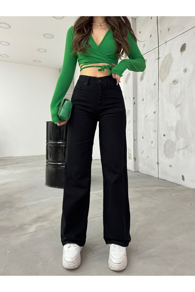 kleshus Tokyo Black Lycra Super ψηλόμεσο φαρδύ τζιν παντελόνι Palazzo