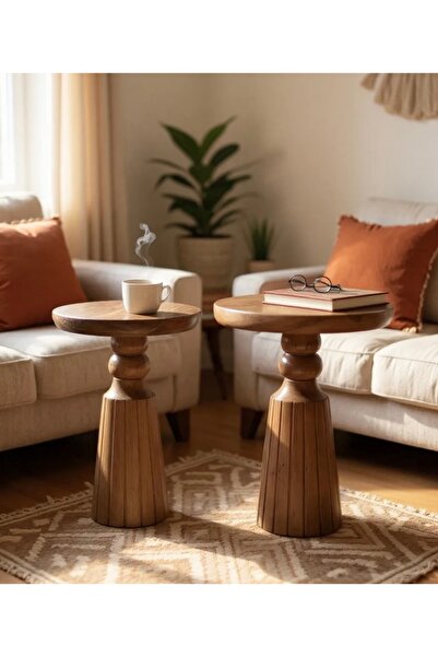 ASELYA HOME Doğal Ahşap 2’li Set Fitilli Mantar Yan Sehpa Modern Fiskos Zigon...