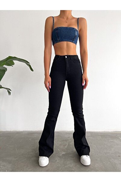 kleshus بنطلون أسود عالي الخصر بأرجل واسعة من الليكرا