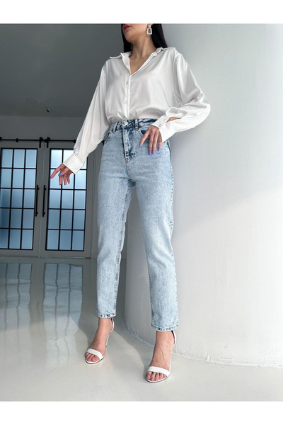 kleshus Snow Wash Μπλε ψηλόμεσο, Mom Jean Jeans