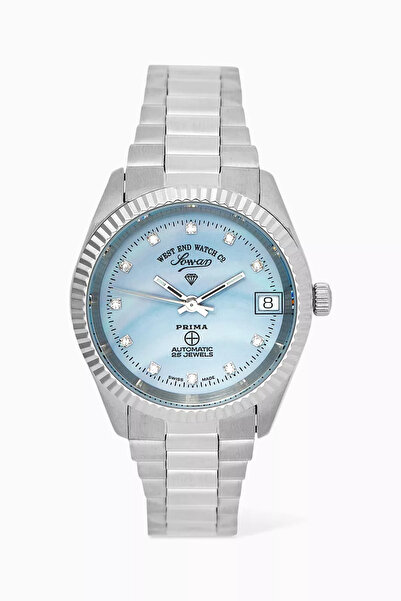 West End Watch Co ساعة كلاسيكية أوتوماتيكية مقاس 32 ملم، باللونين الأزرق والفضي، مزينة بالألماس