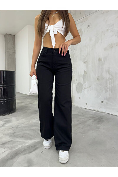 kleshus Lycra Γυναικείο μαύρο παντελόνι τζιν με φαρδύ πόδι με σούπερ ψηλόμεσο...