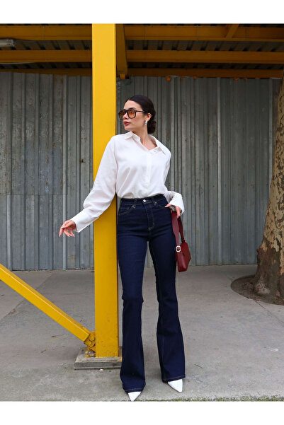 kleshus Blugi de damă Lara, albastru bleumarin, cu picioare late, din denim d...