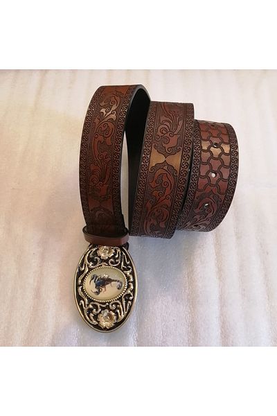 Butik Tülin Unisex Authentic Faux Leather Coffee Flower Printed Gold Floral Scorpion Stone Cowboy Buckle Belt