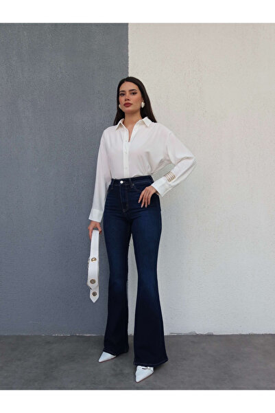 kleshus Kles Lara Ψηλόμεσο Μπλε Παντελόνι με ισπανικό πόδι Lycra Stretch Jeans