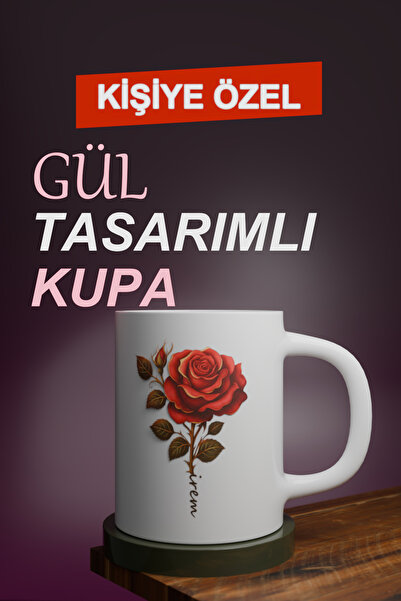 MeshCraft3D Kişiye Özel İsimli Kupa | Gül Baskılı Porselen Kupa | Anneye, Sev...