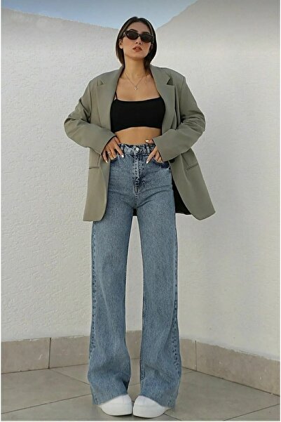 kleshus بنطلون جينز نسائي من Selenay ذهبي ليكرا فضفاض متوسط اللون أزرق ثلجي ع...