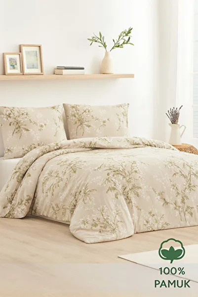 Evimcim Gift Boxed 100% Cotton Ranforce Single Duvet Cover Set Beige Floral Patterned