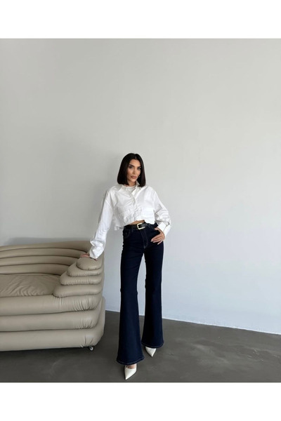 kleshus بنطال جينز مريح من الليكرا ذو الخصر العالي باللون الأزرق الداكن