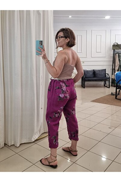 pudubutik Carrot Cut Linen Patterned Trousers Plum