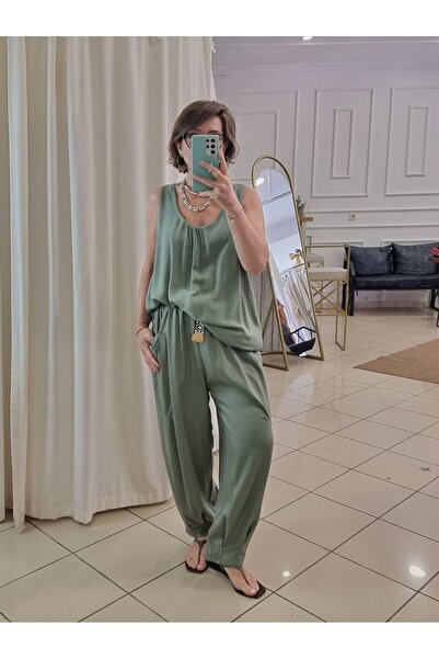 pudubutik Belted Viscose Trousers Khaki