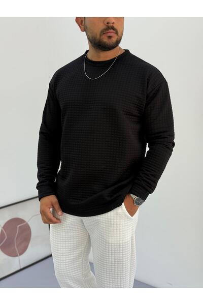 Baycombine35 Men's Crew Neck Quilted Patterned Waffle Fabric Sweatshirt