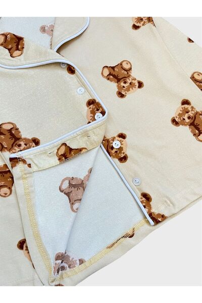 ALİŞ KİDS Κοριτσίστικο βαμβακερό ύφασμα σουέντ μπεζ αρκουδάκι με μοτίβο ύπνου με κορδόνια πουκάμισο γιακά πιτζάμες