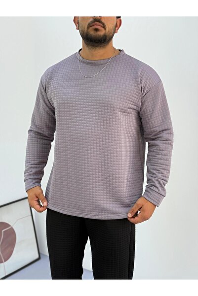 Baycombine35 Men's Crew Neck Quilted Patterned Waffle Fabric Sweatshirt