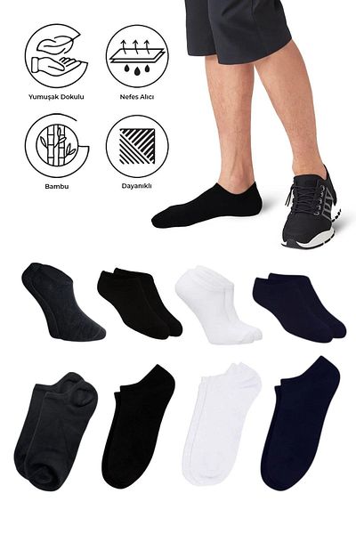 SAYSEZ Bamboo Men's Sneaker Black-White-Navy-Smoked Socks Seamless Invisible Ankle Sports Socks Premium 4-Piece