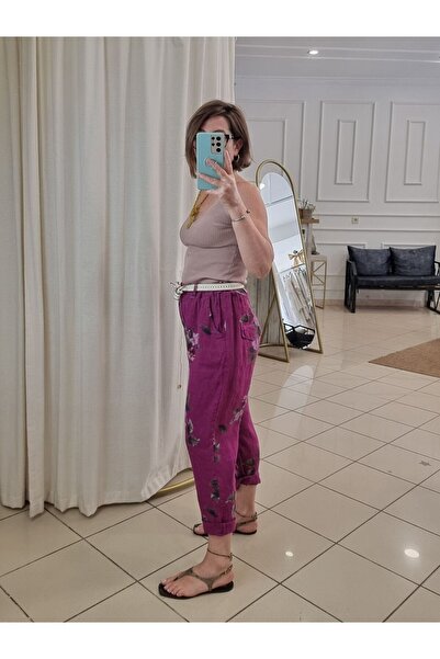 pudubutik Carrot Cut Linen Patterned Trousers Plum