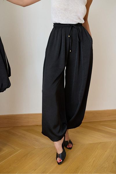 My Blog Black Elastic Waist Satin Baggy Trousers - 51199