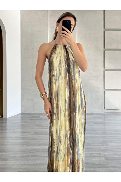 Coral Batik Desenli Sırtı Açık Elbise Sarı