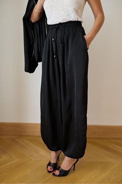 My Blog Black Elastic Waist Satin Baggy Trousers - 51199