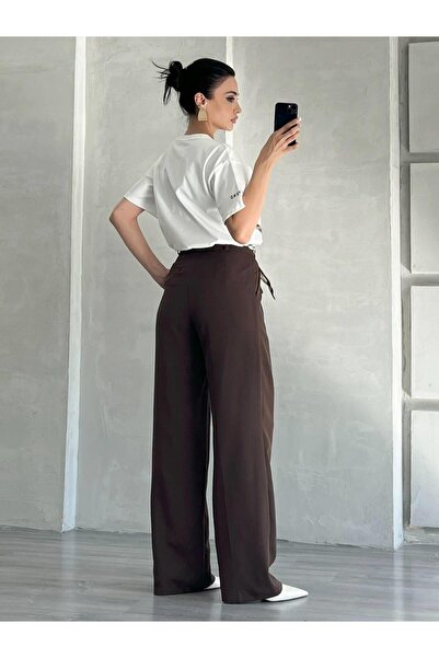 Coral Boncuklu Desenli Fular Kemerli Pantolon Kahve