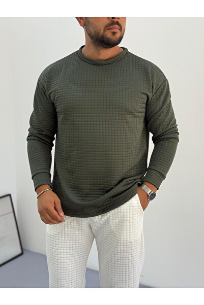 Baycombine35 Men's Crew Neck Quilted Patterned Waffle Fabric Sweatshirt