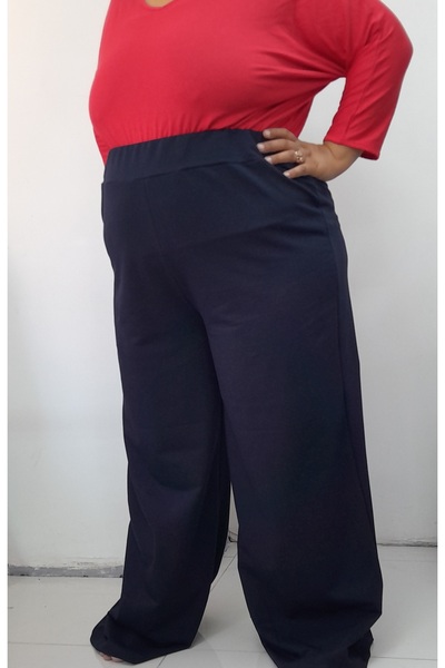 Mertcan Butik Lightweight Loose Leg Knitted Trousers with Elastic Waist Corsage Seasonal Winter Wearable in Navy Blue