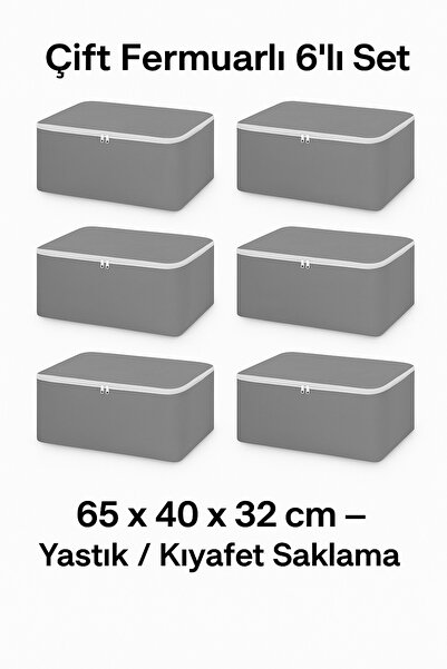Genel Markalar Hurç 6’lı Set 65x40x32 cm Gri – Yastık & Kıyafet Saklama, Çift Fermuarlı