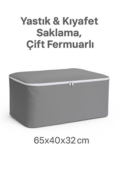 Bamer Home Tekstil Hurç Tekli 65x40x32 cm Gri – Kıyafet & Yastık Saklama, Çift Fermuarlı
