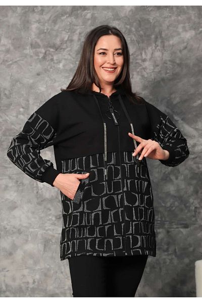 AKŞEN GİYİM Large Size Front Fabric Knitted Jacquard Zipper Closure Hooded Jacket with Side Pockets in 80 cm Length