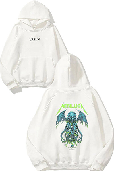 urbvn سويت شيرت بقلنسوة أبيض كبير الحجم مطبوع بتصميم ميتاليكا باللون الأخضر