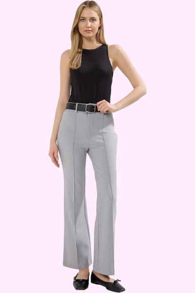 PayBuy Women Fashion High Waist Wide Leg Pants Ribbed Detail Scuba Crepe Fabric Daily Use