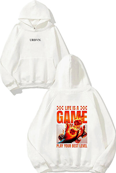 urbvn سويت شيرت أبيض كبير الحجم مطبوع بتصميم مستوى اللعبة