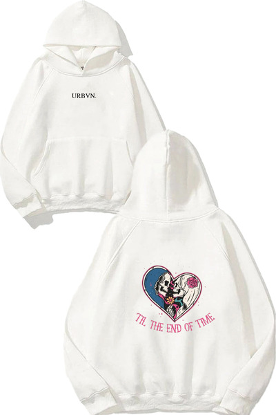 urbvn The End Design Printed Oversize White Hooded Sweatshirt