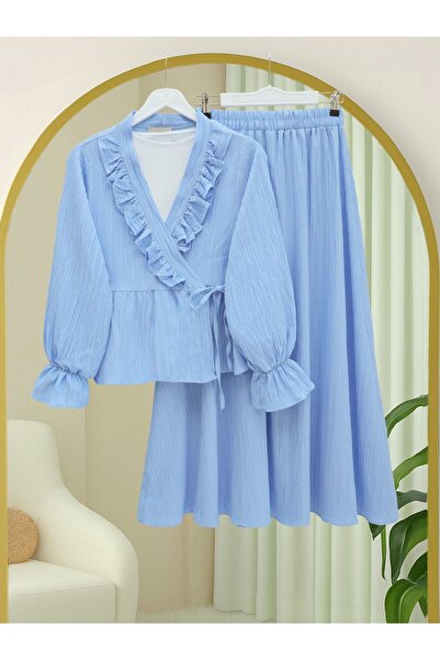 Modamorfo Kimono Set with Ruffled Collar and Tie Front Skirt - Baby Blue