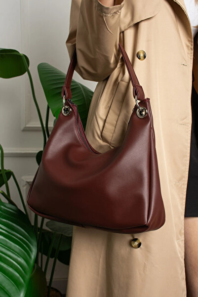 Rivina Geantă de mână și de umăr pentru femei, cu detaliu inel, roșu burgundă...