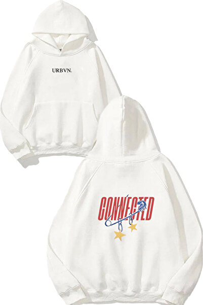 urbvn سويت شيرت أبيض كبير الحجم مطبوع بتصميم متصل