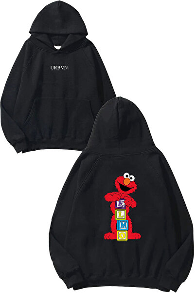 urbvn سويت شيرت بقلنسوة أسود كبير الحجم مطبوع عليه نص Elmo