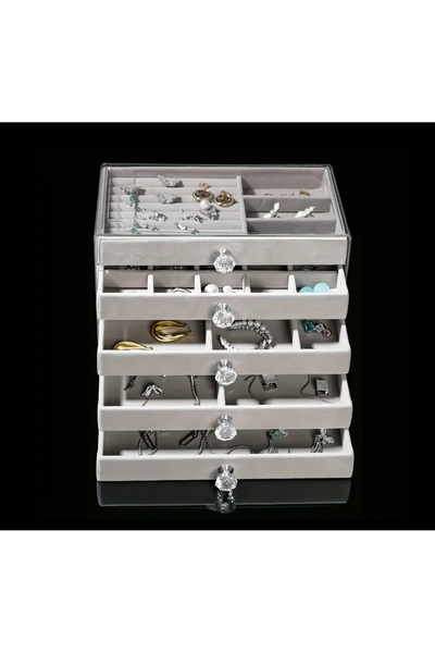 İsdeksan Jewelry Box with 5 Drawers, Jewelry Organizer, Suede Jewelry Stand