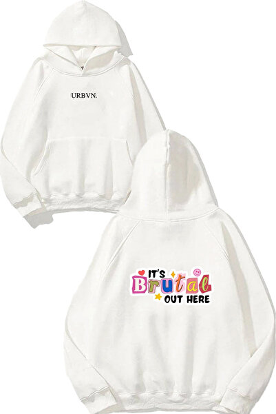 urbvn سويت شيرت أبيض كبير الحجم مطبوع بتصميم قاسي