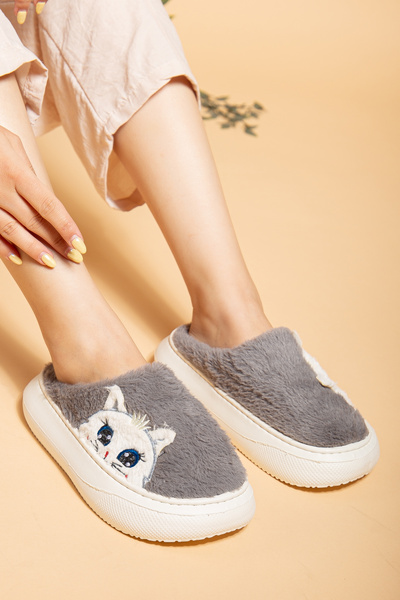 uway Women's Kitten Patterned Plush Soft Lightweight Soundproof Non-Slip Eva Sole Winter Indoor Slippers