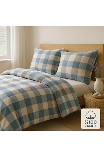 Evimcim 100% Cotton Ranforce Single Duvet Cover Set Blue Square Patterned 160X220 + 240X260 + 50X70