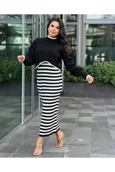 Zerenyus Double Knitwear Clothes Set Black White